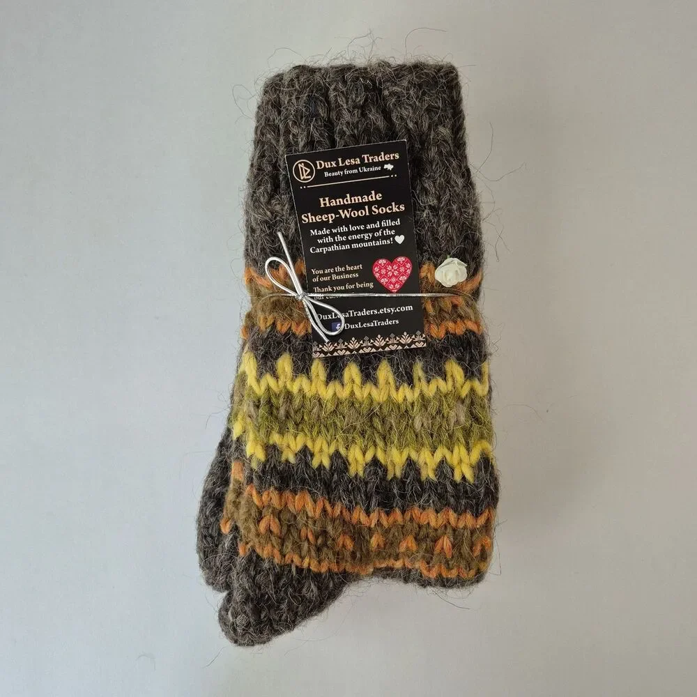 Dux Lesa Traders Brown Yellow Charcoal Handmade Sheep Wool Socks Womens 10-10.5